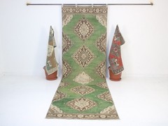 Vintage Turkish Runner 3.6×12.2 ft | Handmade Wool Green Hallway Rug | 110x372cm