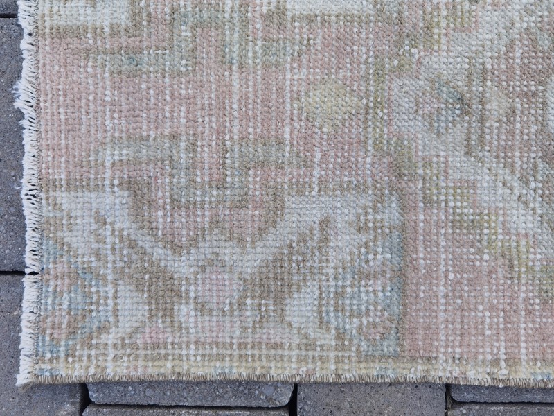 Muted Pink Oushak Wool Rug 16"x35" Small Vintage Runner Blush Cream Green gallery