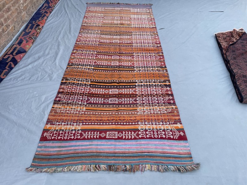 Vintage Afghan Baluchi Kilim Rug 4'2 x 10'10 ft Tribal Wool Geometric Runner gallery