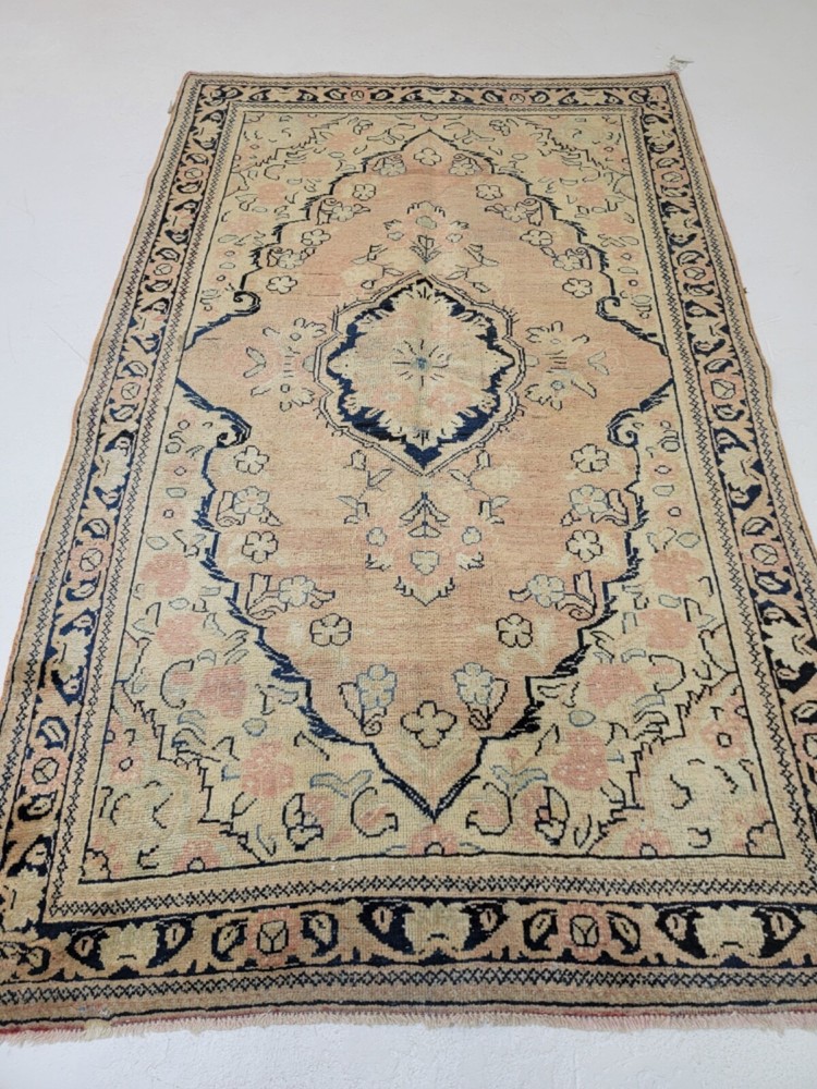 Antique Oriental Hand-Knotted Wool Area Rug Ivory/Terracotta/Blue 4'3" x 6'5"