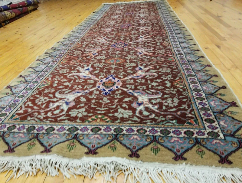 Vegy Dyes Cr1930-1939s Antique Wool Pile Floral Hereke Runner Rug 3’4”x 10’ gallery
