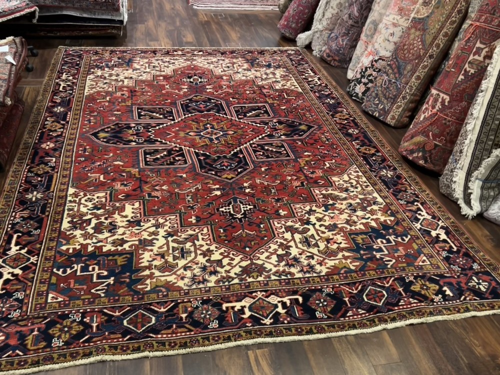 Unique Hand Knotted Vintage Heriz Serapi Area Rug Geometric Carpet 8’5x11’6,297