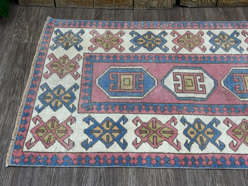 3x5 Pink Blue White Vintage Turkish Rug, Hand-Knotted Wool Rug, Small Oushak Rug gallery