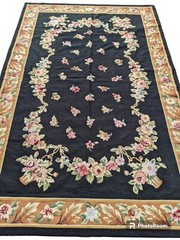 Vintage French Aubusson Needlepoint Grandmillenial Black Floral Chintz Rug