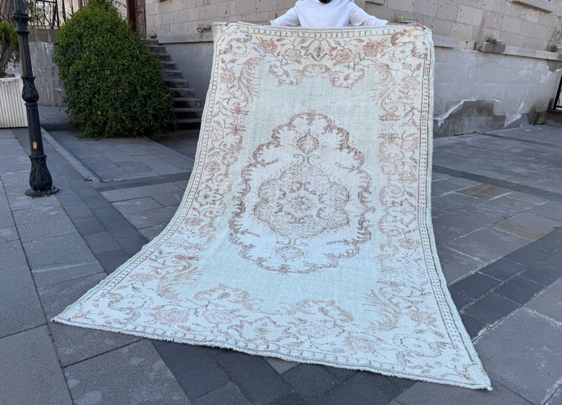 Vintage Turkish Oushak Rug 5.4x8.7 ft Muted Mint Pink Floral Wool Area Rug gallery