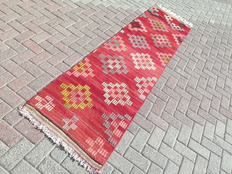 Red Turkish Kilim Rug Runner, Hallway Rug, Corridor Rugs 28"X105" Carpet Runner gallery