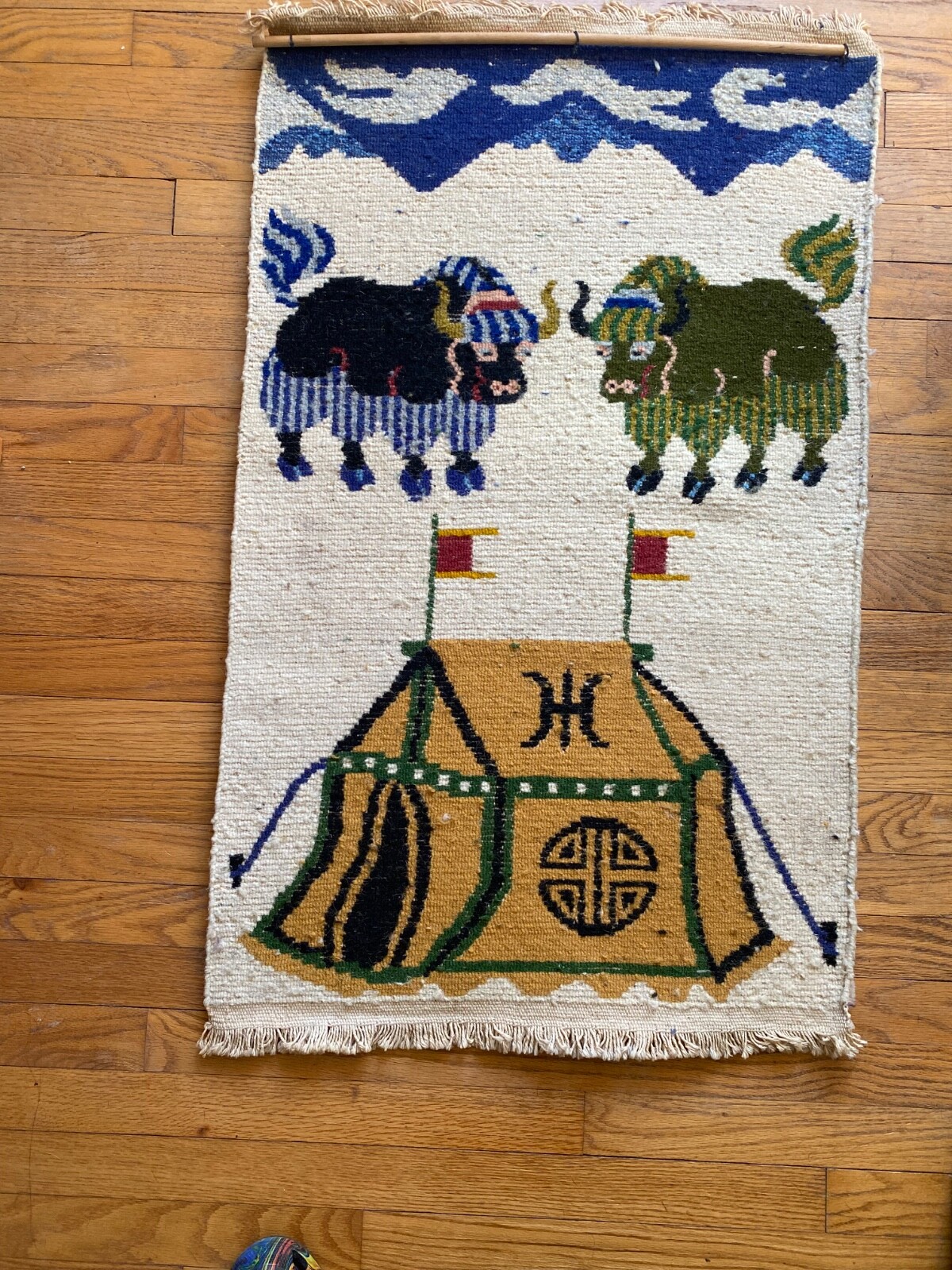 Tibetan Yak Meditation Wall Rug 100% Wool Hand Woven Large 39" x 24" Nepal gallery
