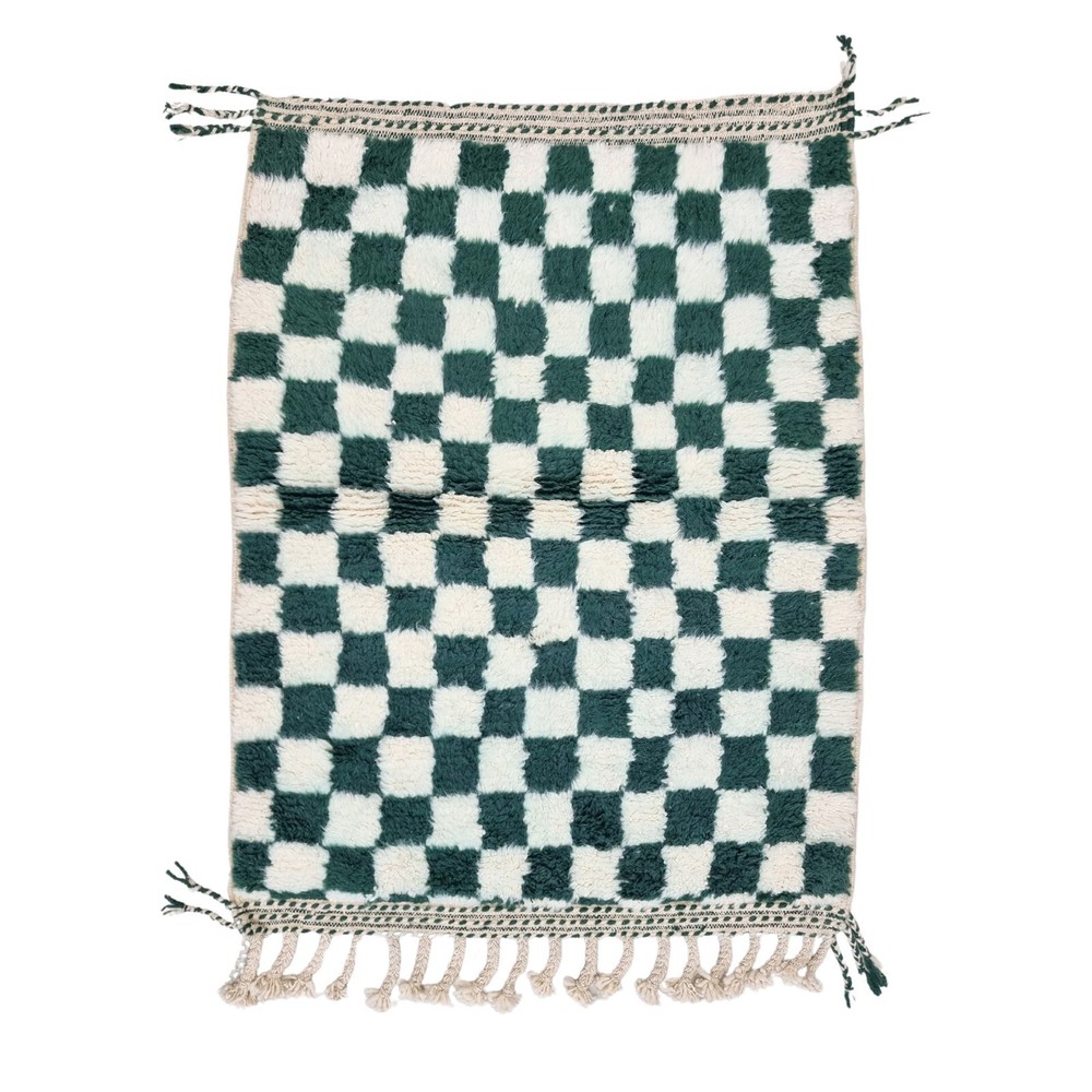 Moroccan Handmade Beni Ourain Rug4'5x3'5 Berber Checkered Green & White Wool Rug