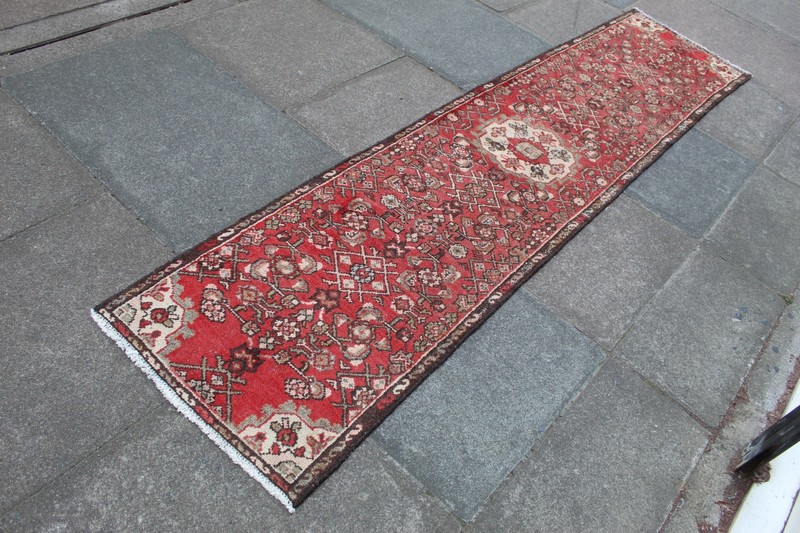 Vintage Worn Hand Made Traditional Oriental Wool Red Long Runner 257x63cm gallery