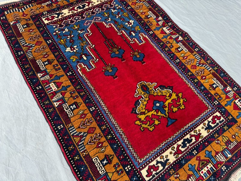 3x4'5 ft Vintage Turkish Hand-Knotted Prayer Rug Red and Mustard Gold Decor Rug gallery