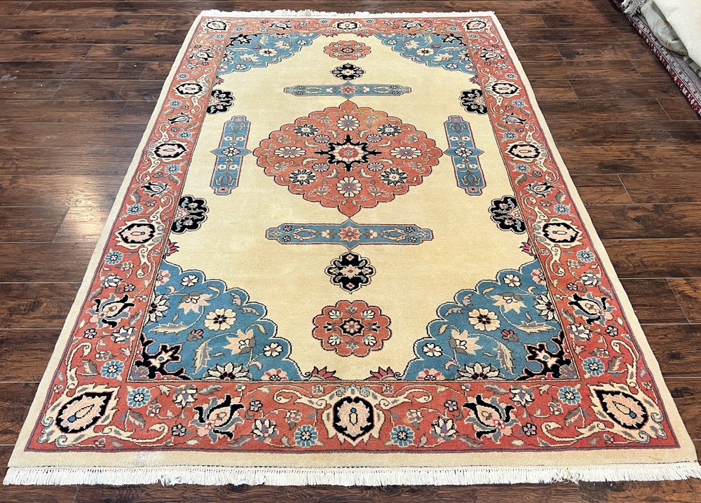 Romanian Heriz Serapi Rug 6x9 Handmade Vintage Wool Cream Pink Oriental Carpet