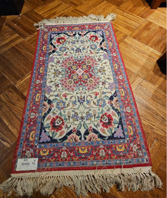 1960's Oriental Slavic Middle East Floral Rug Red Blue w/ Flowers 49X 26in"- A30 gallery