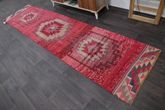 Vintage Turkish Runner Rug 3x12ft RED Handmade Anatolian Oushak Hallway Wool