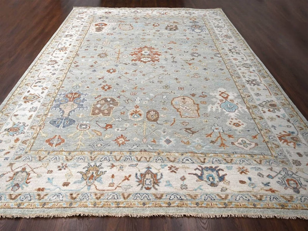12'1"x18' Eton Green, Organic Wool, Hand Knotted, Coarse&Suple Pile Oushak Rug