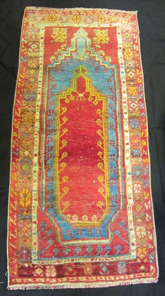 Turkish Anatolia Prayer Rug Wool Antique Rare Beautiful Reds & Blues 25" x 52"