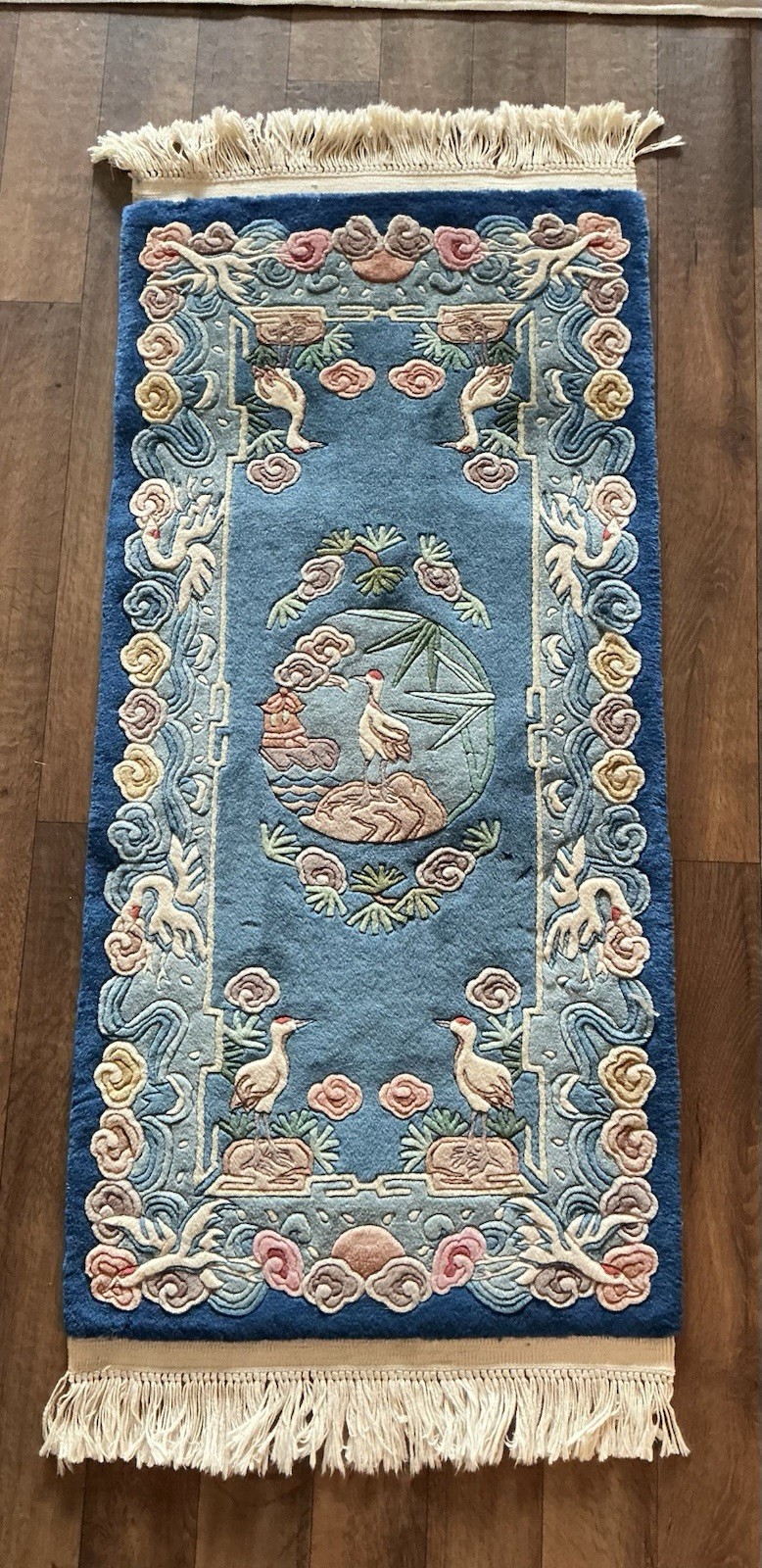 ANTIQUE CHINESE ART DECO PICTORIAL CRANE BIRD THICK BLUE WOOL RUG 5’x2’ gallery