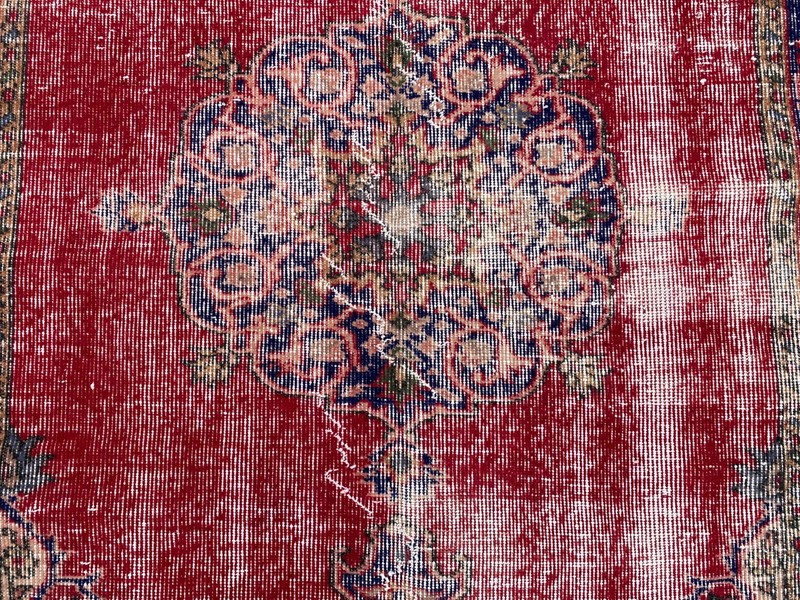 Vintage Turkish Area Rug 3.7 x 5.8 ft Hand Knotted Wool Red Distressed Carpet gallery