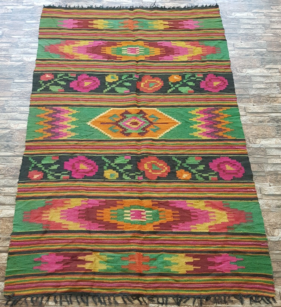 Vintage Handmade Traditional Mexican Kilim Floor Rug Carpet 212x141 cm