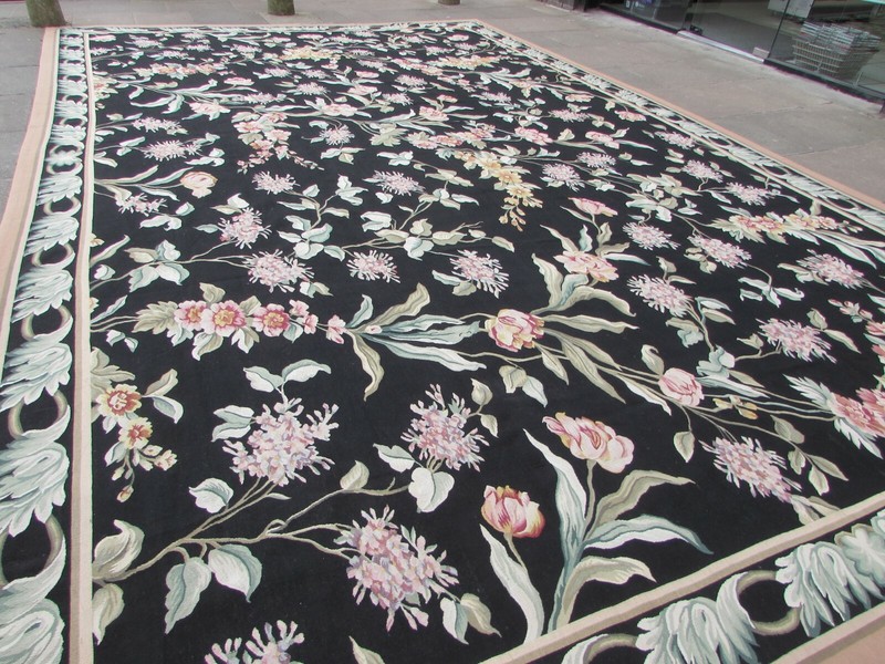 Vintage Hand Made French Design Wool Black Green Original Aubusson 565X360cm gallery