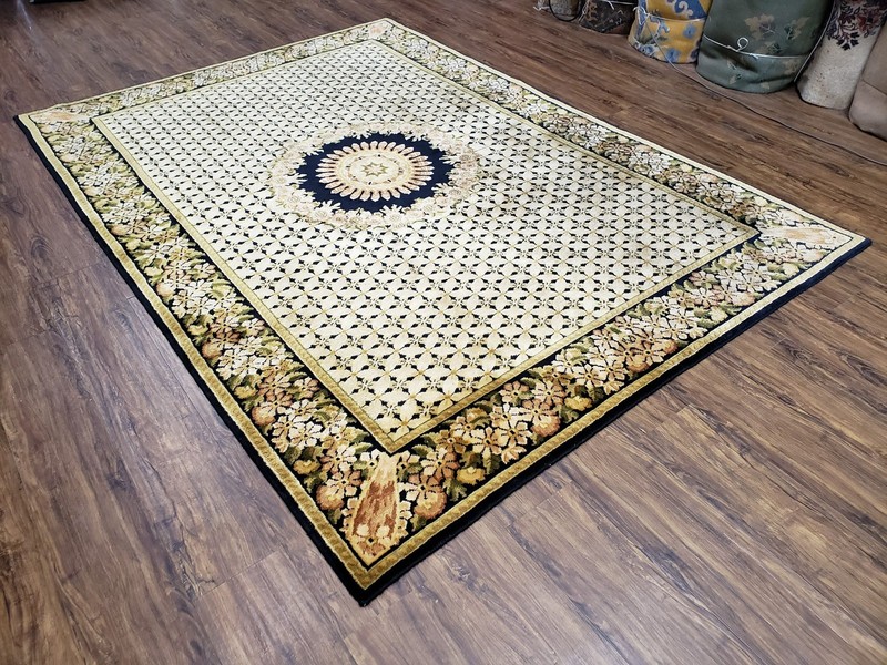 Indian Rug with Tibetan Weave 6x8 - 6x9 Rugs Indo Carpet Black and Cream Floral gallery