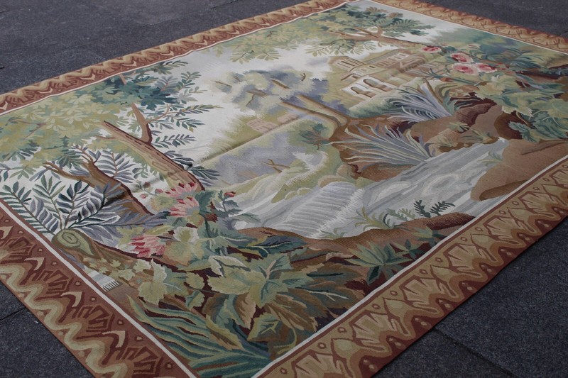 Vintage Hand Made French Design Original Wool Brown Aubusson Tapestry 158X211cm gallery