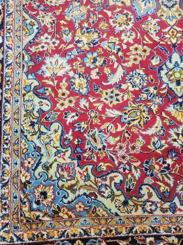Vintage Hand-Knotted Wool Rug 8x11 – Elegant Oriental Red Field Blue Border gallery