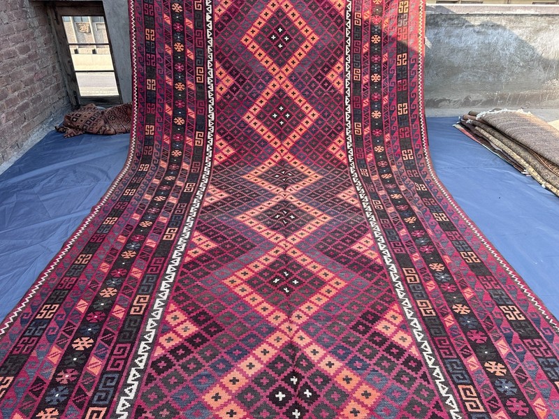 Vintage Afghan Kilim Rug, 8x17 Palace Oversized Faded Geometric Tribal Area Rug gallery