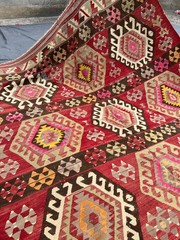 Red Tribal Kilim Rug 6×8 ft Anatolian Flatweave Distressed Low Pile Antique