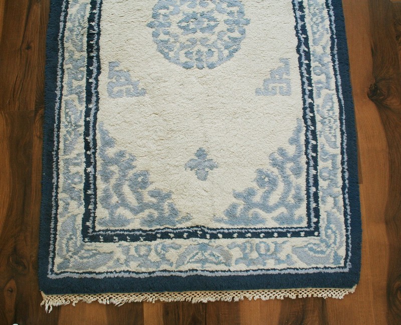 Chinese Peking Style Rug, Blue and White, 1960's , Handmade in India gallery