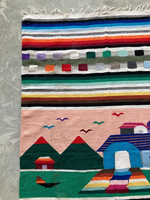 Vintage Handmade Mexican Pictorial Wool Kilim Rug Carpet 223x120 cm gallery
