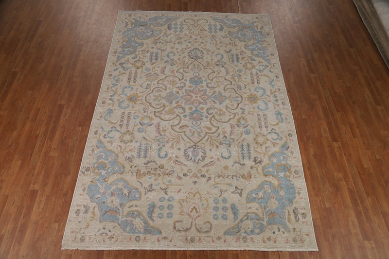 Muted Vintage Floral Wool Beige Tebriz Area Rug 7x11 Handmade Traditional Carpet gallery