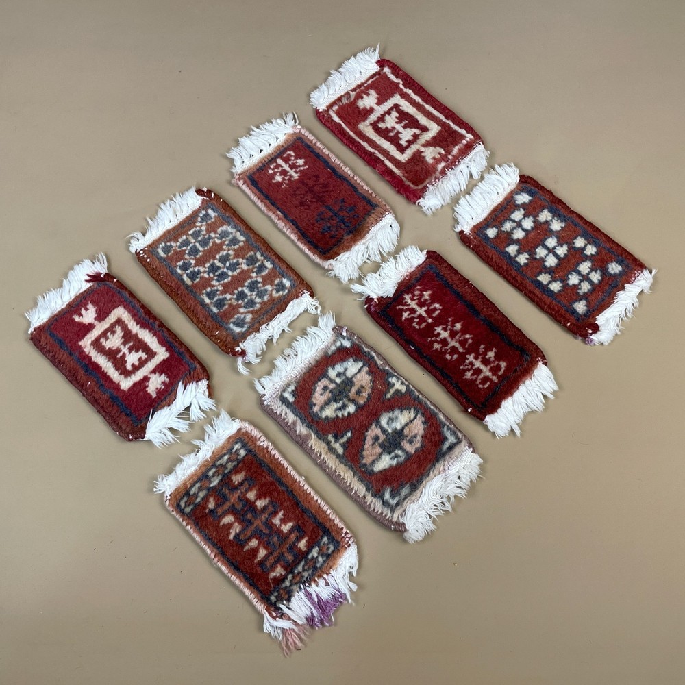 Vintage Miniature Oriental Rugs x8 Handwoven Wool Tabletop Decor Red Mats Set