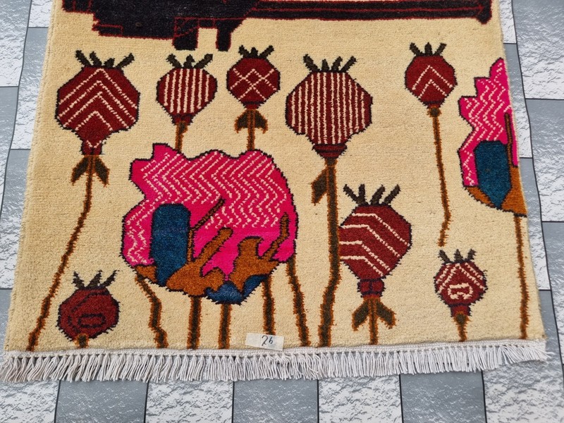 Afghan Hand Opium Flower War Rug Tribal Wool With Knotted Wall Hanging Rug gallery