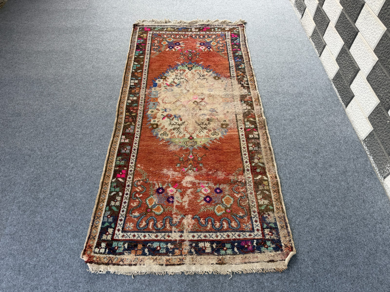 Vintage Turkish Medallion Rug 3x6.7 ft Handwoven Anatolian Wool 1970s Farmhouse gallery