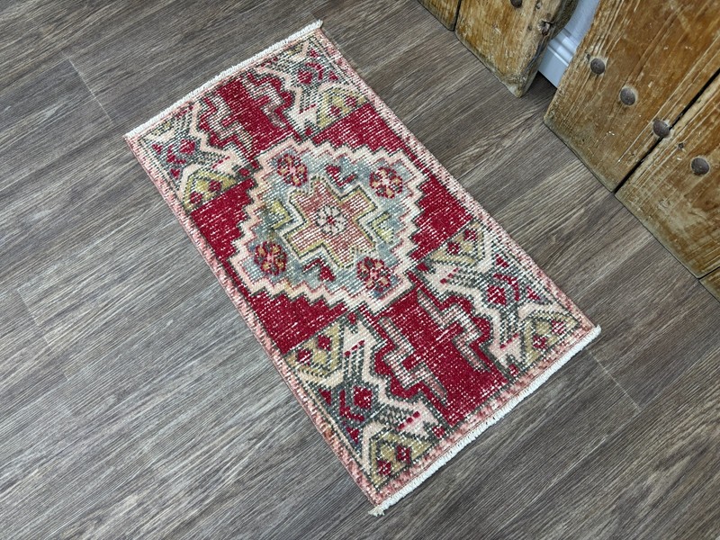 1x3 Vintage Red Tribal Turkish Door mat, Hand-Knotted Wool Rug, Bathroom Rug gallery
