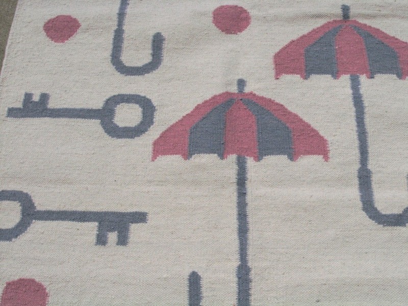 Vint Hand Woven Rug Kilim Flat weave Wool 3x5 LN Keys Pink Blue balls Umbrellas gallery