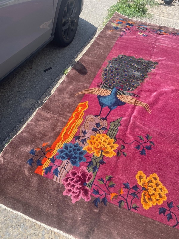 Antique 1920’s Chinese Art Deco Rug 11x9 Magenta Peacock Hand Knotted Wool gallery