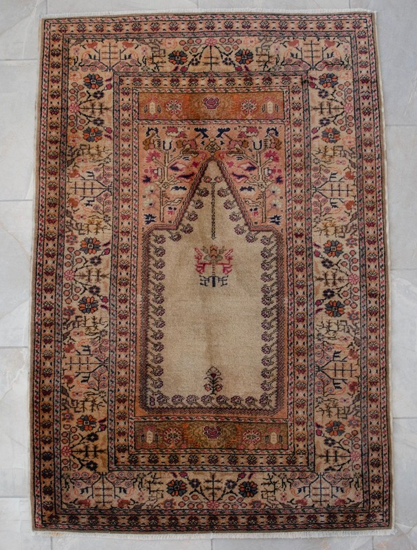 Hand-Knotted Prayer Rug 3' x 5' | Vintage Turkish Rug Wool Fine Rug cir 1970 gallery