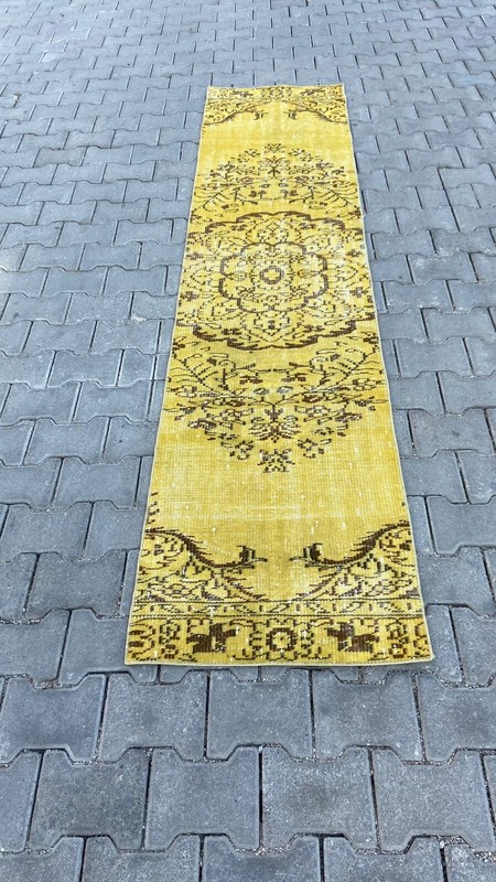 Turkish Rug, 2x9 ft, Vintage Rug, Runner Rug, Yellow Rug, Anatolian Carpet, Wool gallery