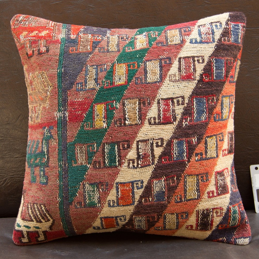 16"x16" 40x40 Hand Woven Oriental Soumak Kilim Rug Vintage Pillow Cover Cushion