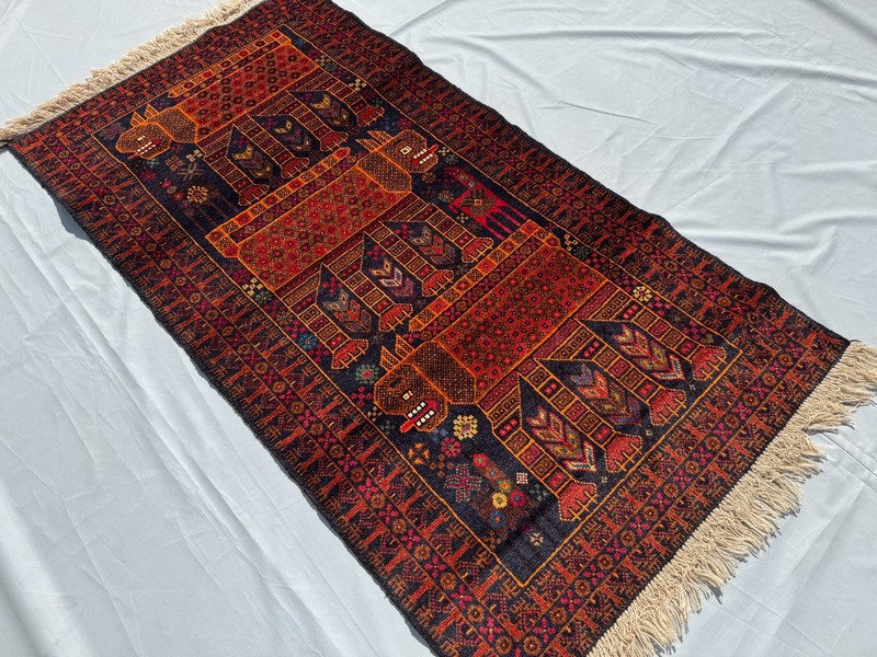 3x5 ft Afghan Hand Knotted Vintage Area Rug Baluchi Pictorial Animal Lion Carpet gallery