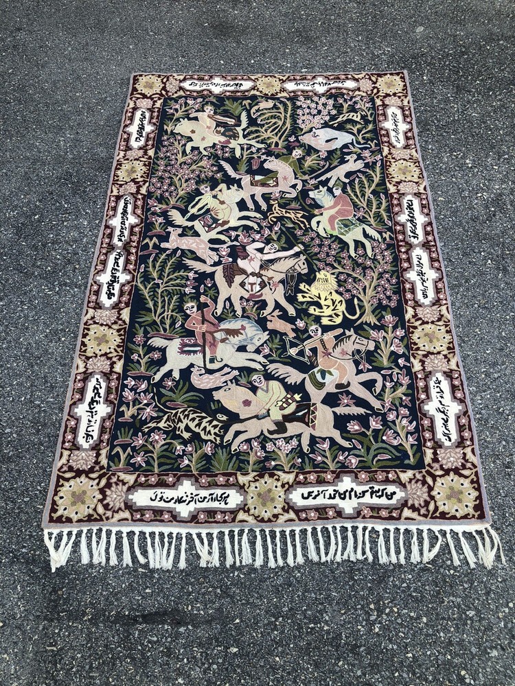 3'1" X 5' KASHMIR PERSIAN STYLE PICTORIAL HUNT SCENE CREWEL TAPESTRY RUG