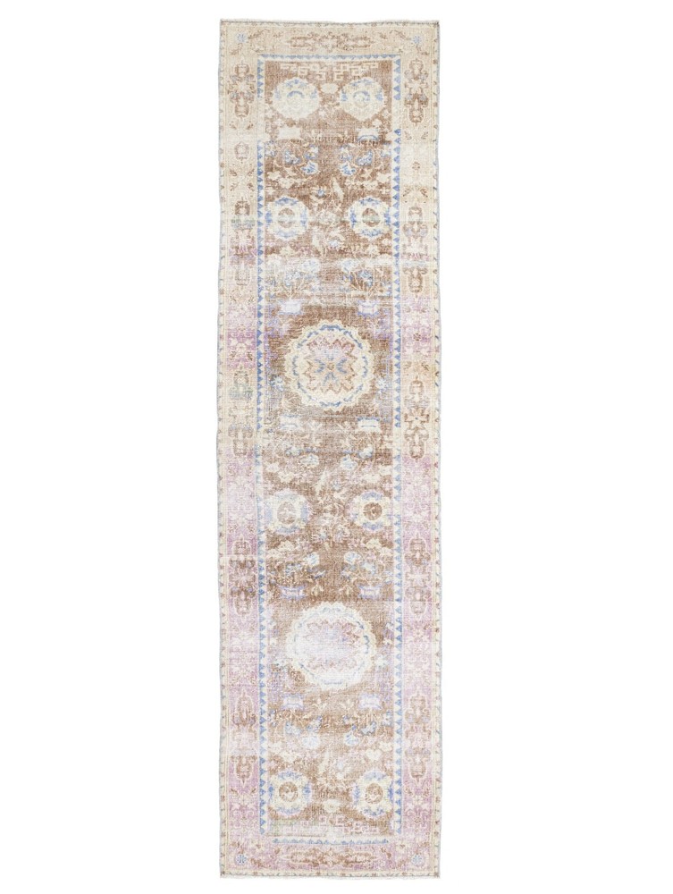 Long Narrow Oushak Runner 2'10x11'7 ft Brown Blue – Warm Neutral Home Decor