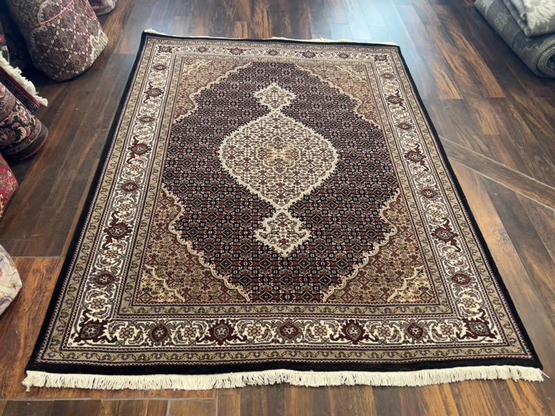 Fine Black Genuine Hand Knotted Silk&wool Tabrizz Area Rug Carpet 5’x6’10”,#119 gallery