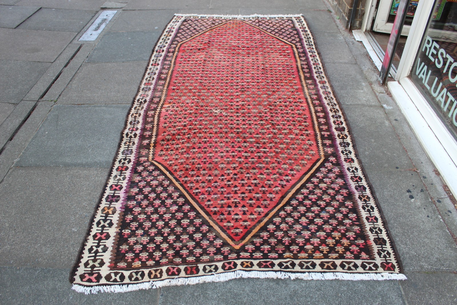 Vintage Traditional Hand Made Oriental Wool Red Pink Long Large kilim 274x127cm gallery