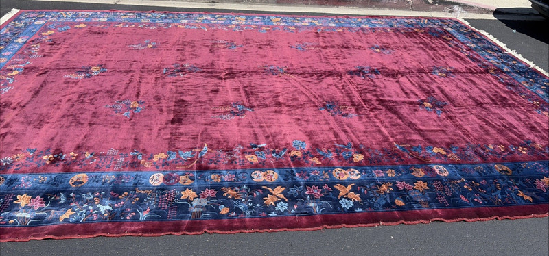 Auth: 1920 Antique Art Deco Chinese Rug Mandarin Beauty Purple 12.6x18.6 gallery