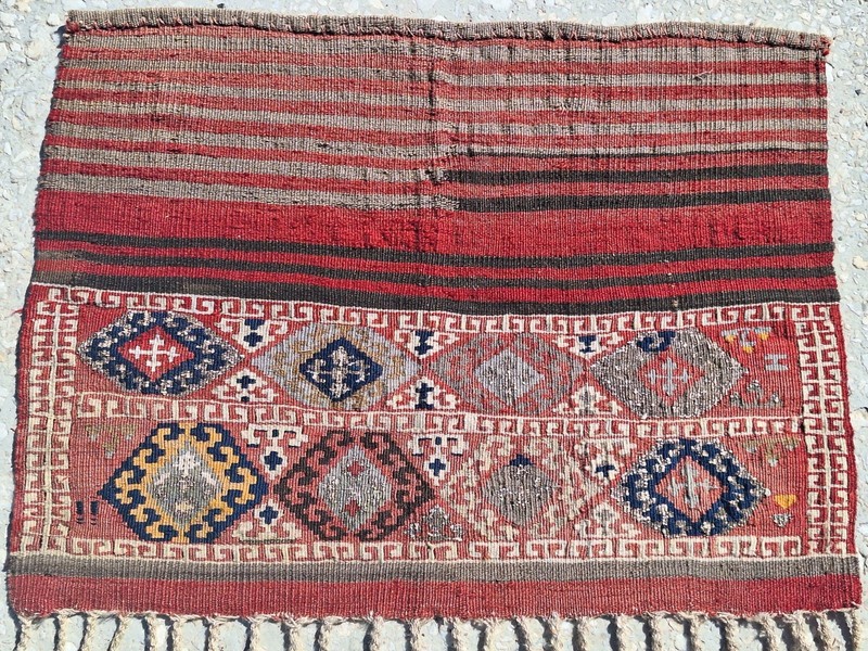 1940s Collectible Semi-Antique Kilim, Anatolian HandMade Rug, Fringed Wall Decor gallery