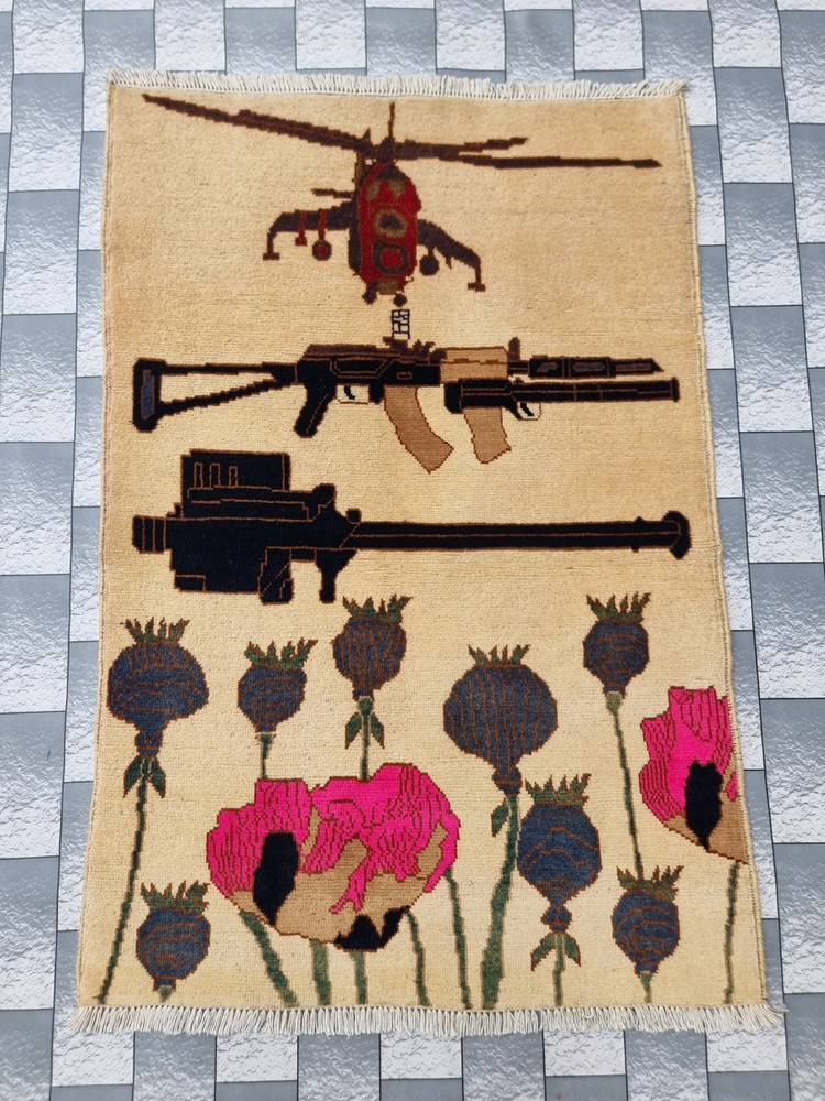 Afghan Hand Opium Flower Ak 47 War Rug Tribal Wool With Knotted Wall Hanging