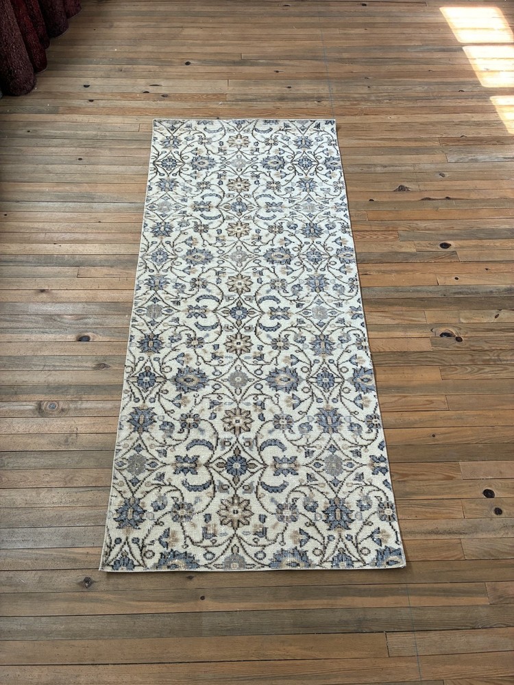 Vintage Turkish Rug 3x7 Cream Blue Beige Wool Hand Knotted Hallway Runner