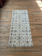Vintage Turkish Rug 3×7 Cream Blue Beige Wool Hand Knotted Hallway Runner